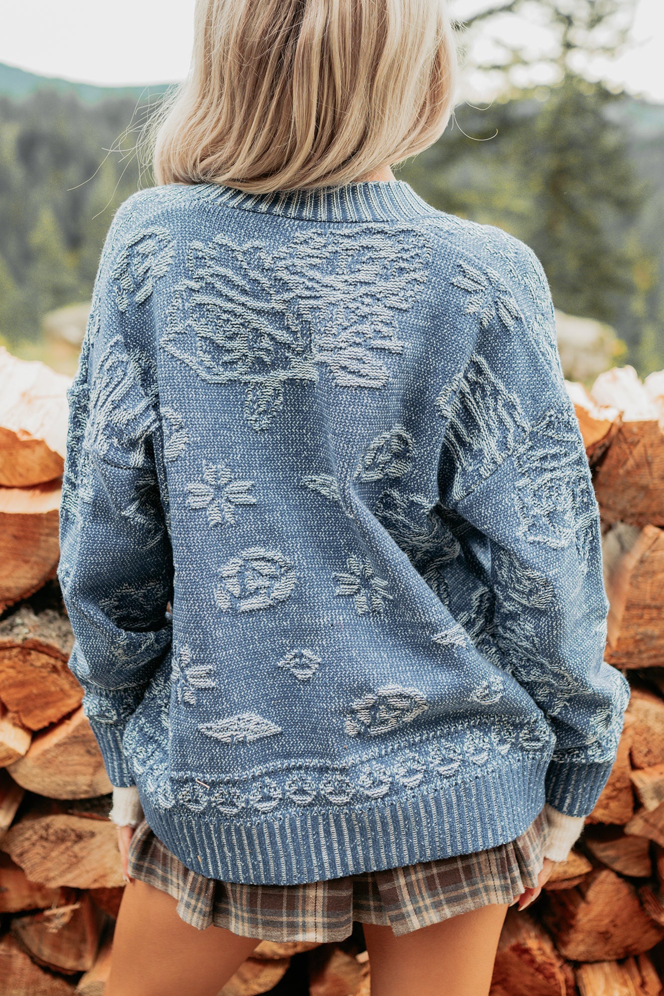 Just Sunday Knit Vintage Print Cardigan (Blue)