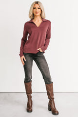 Honest Mood Collared V Neck Long Sleeve Top (Maroon)
