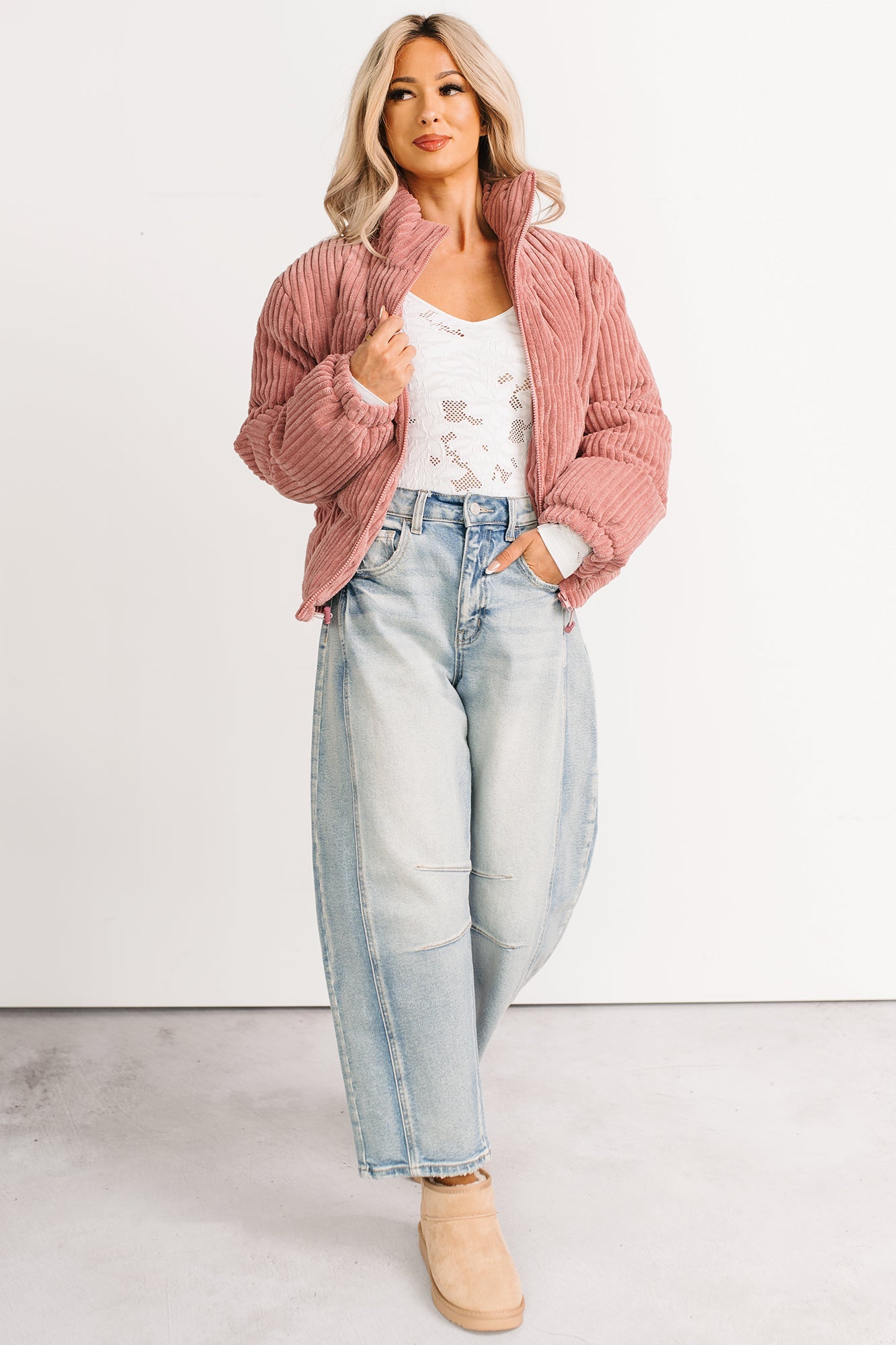 Purely Casual Corduroy Puffer Jacket (Mauve)