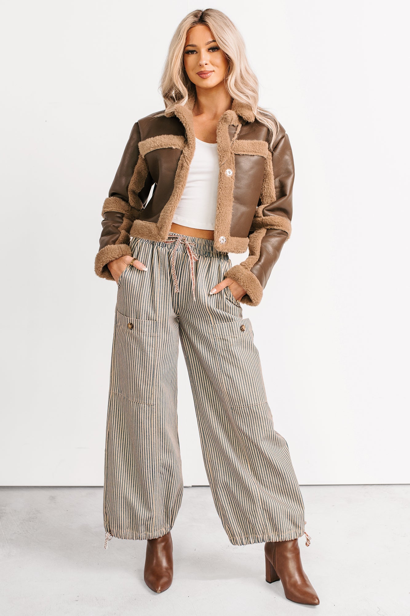 She's Fire Faux Leather Fur Trim Crop Jacket (Chocolate)