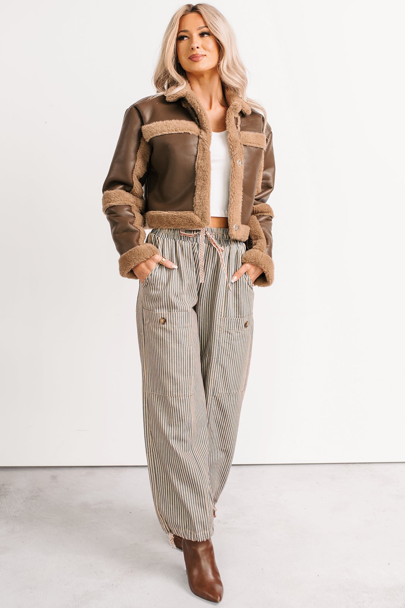 She's Fire Faux Leather Fur Trim Crop Jacket (Chocolate)