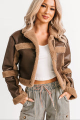 She's Fire Faux Leather Fur Trim Crop Jacket (Chocolate)
