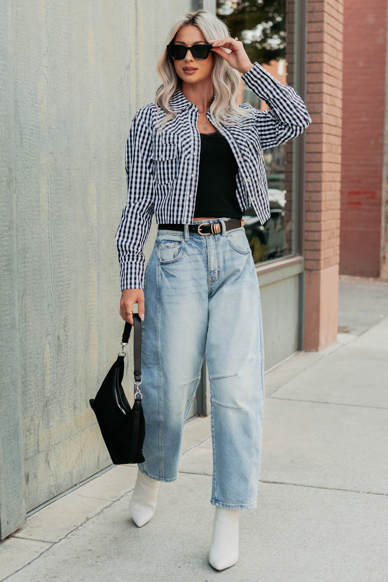 Morning Markets Signature 8 Gingham Crop Shirt (Black)