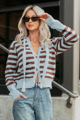 Sinking In Striped Knit Hooded Cardigan (Light Blue)