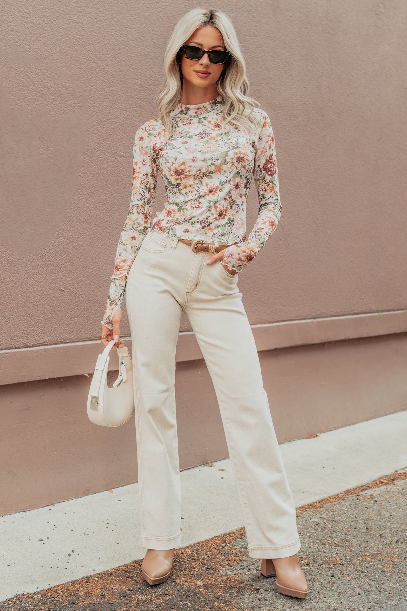 Hold My Hand Floral Mesh Long Sleeve Top (Cream)