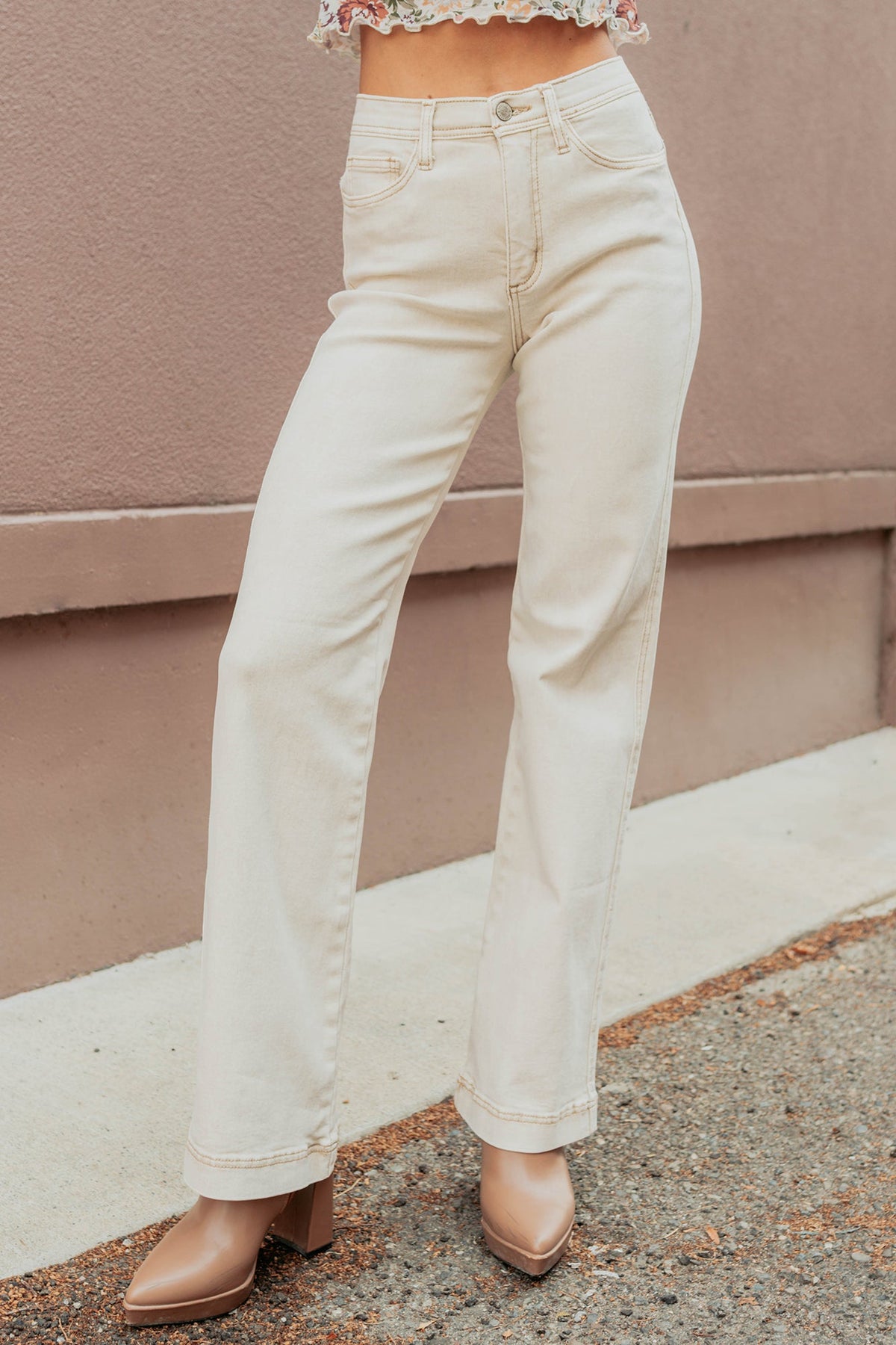 Haven Tummy Control Saige Denim Straight Jeans (Light Beige)