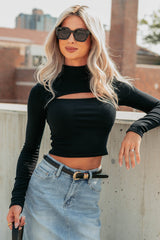 Leigh Long Sleeve Peekaboo Mock Neck Top (Black)