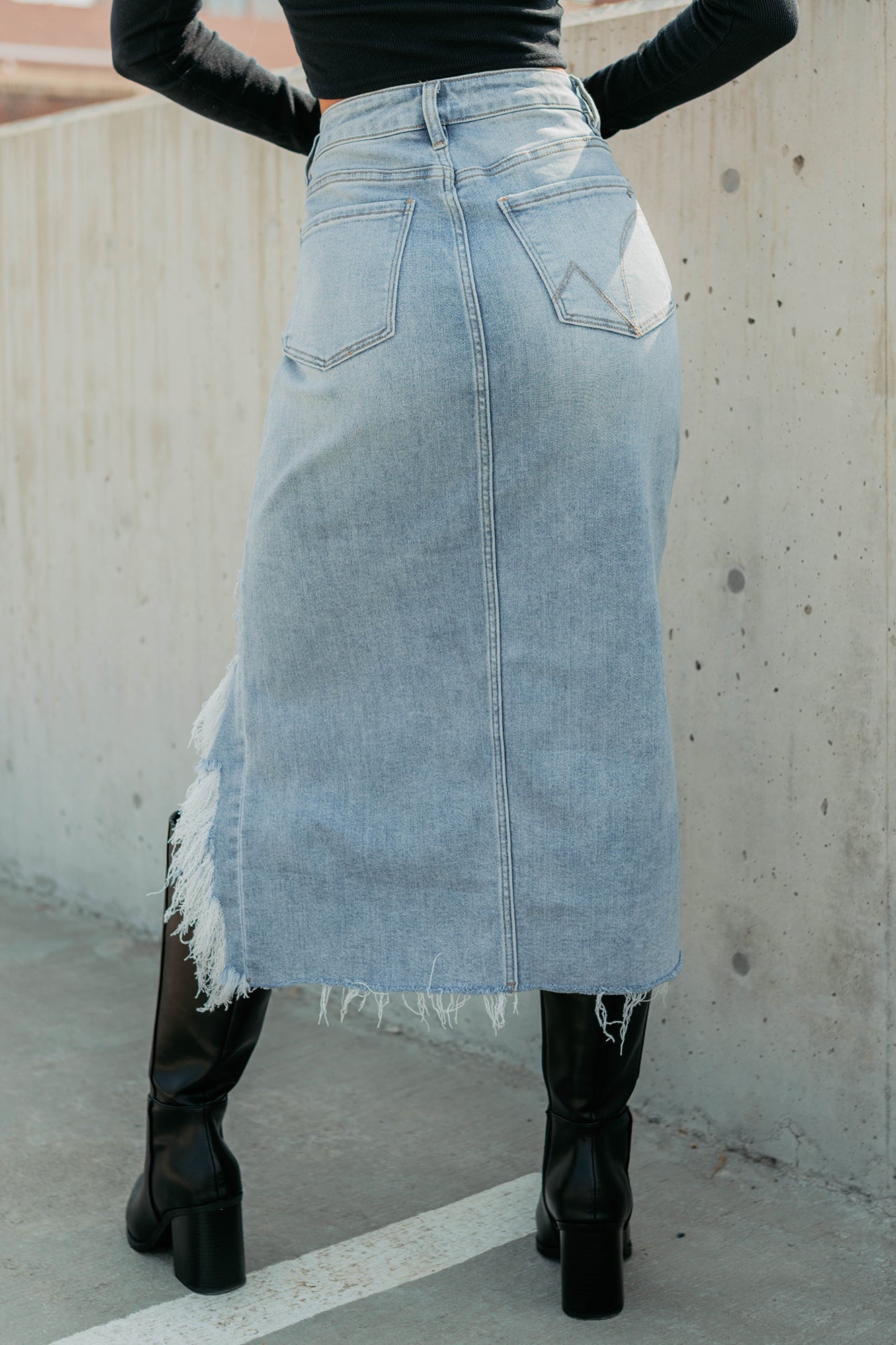 Fearless Energy Distressed Midi Skirt (Wild Blue)
