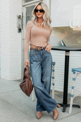 Say It First Scoop Neck Long Sleeve Crop Top (Dark Taupe)