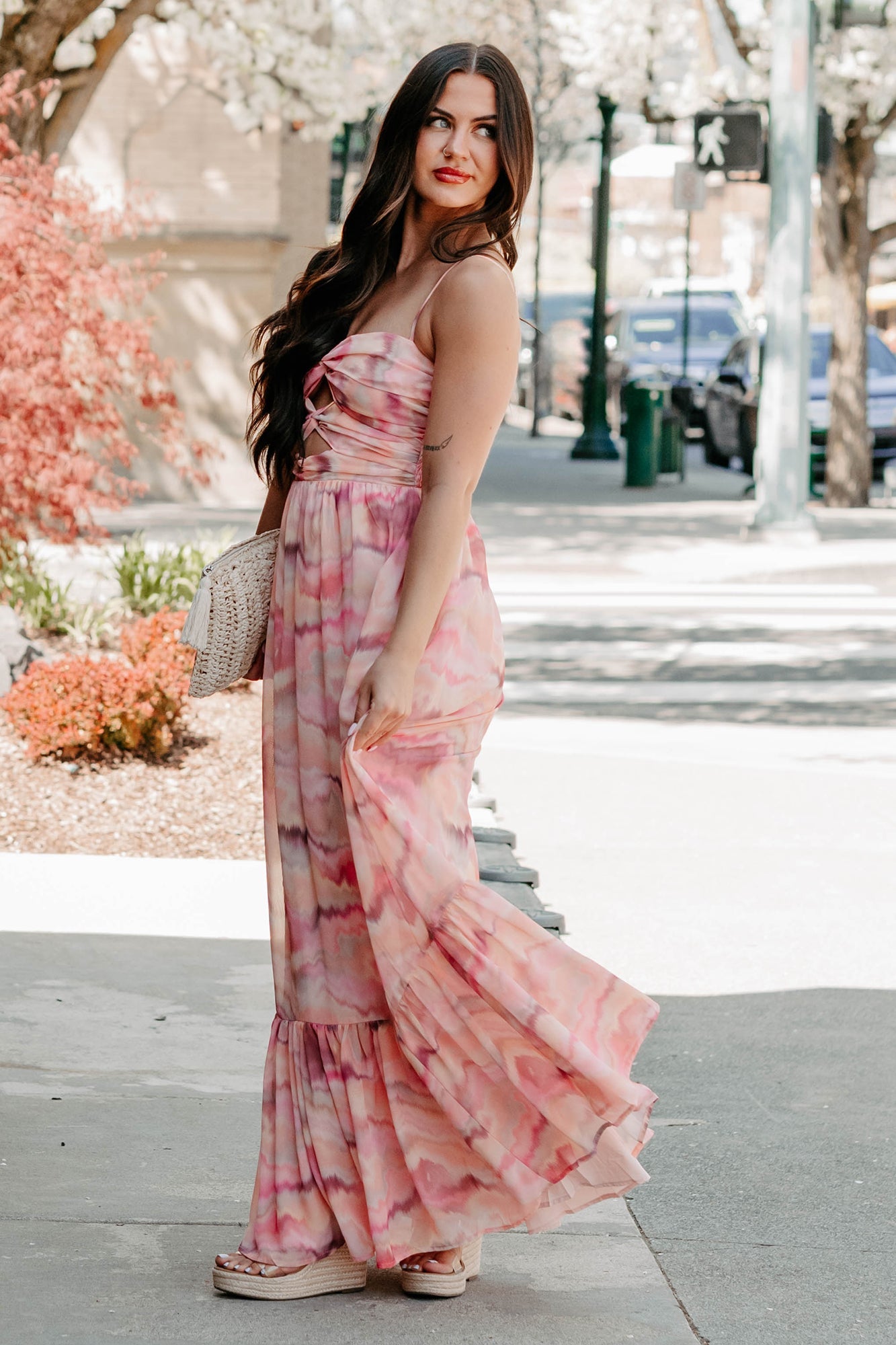 I Hope You Think Of Me Marble Printed Maxi Dress (Pink Multi)