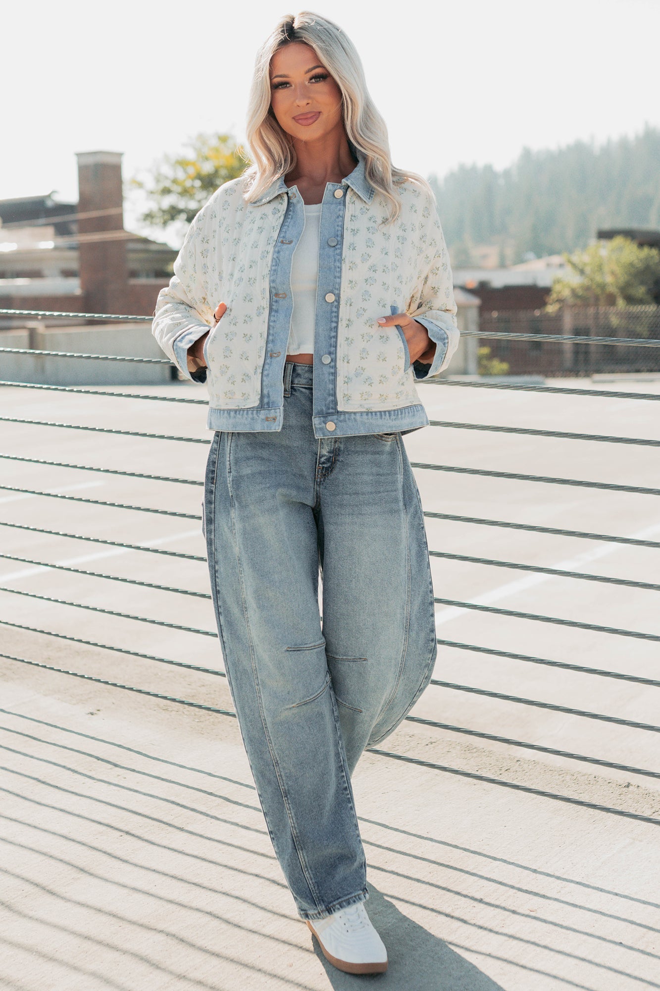 Breezy Mood Floral Quilted Denim Jacket (Ivory/Blue)