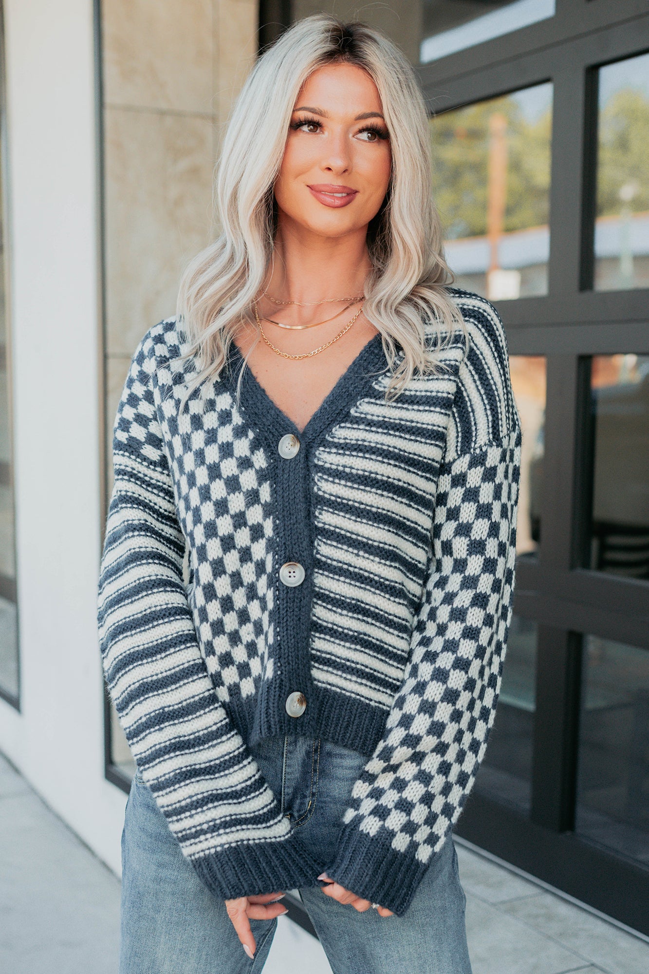 Tucked Away Checkered Stripe Knit Cardigan (Navy/Cream)