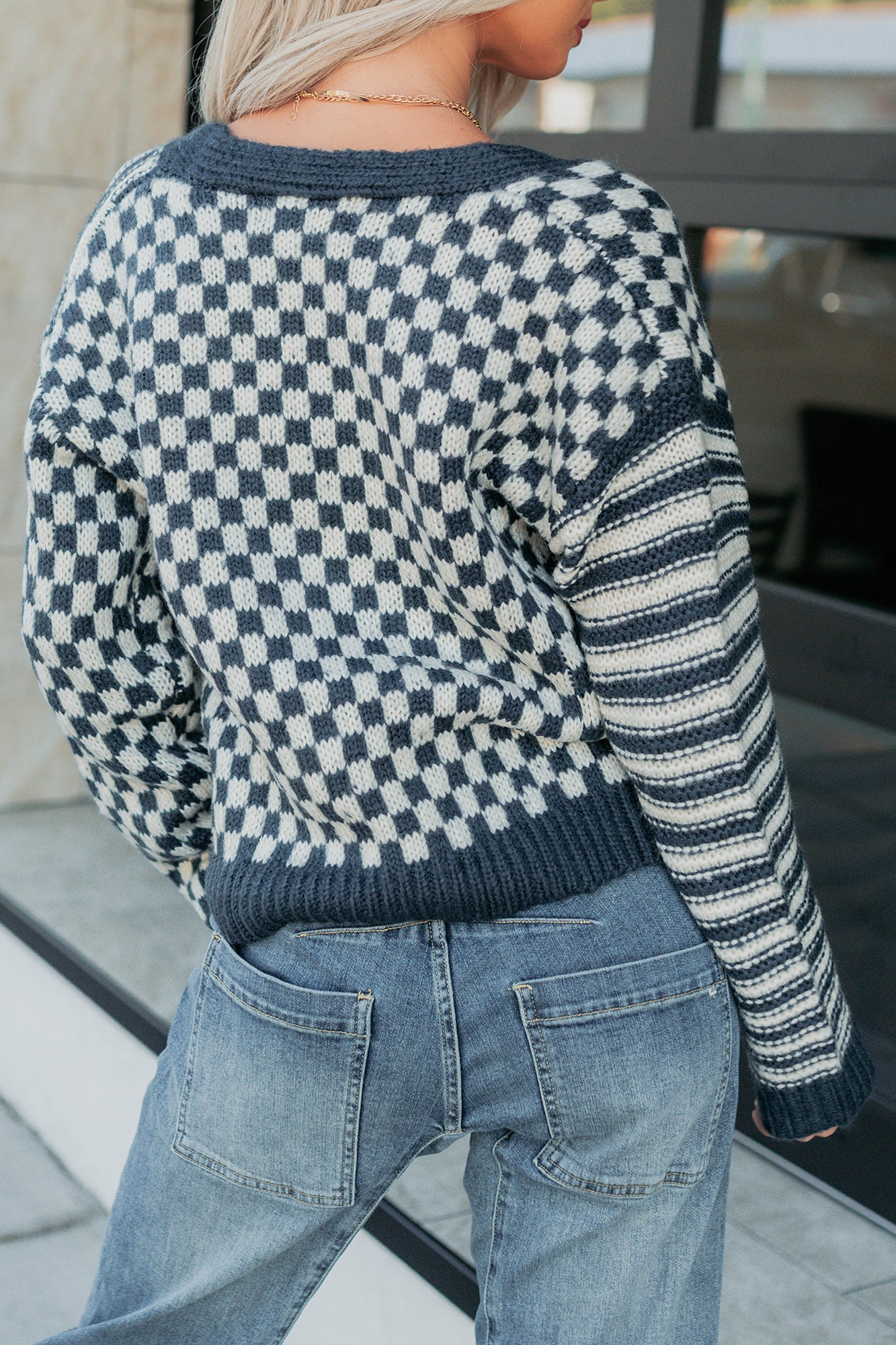 Tucked Away Checkered Stripe Knit Cardigan (Navy/Cream)
