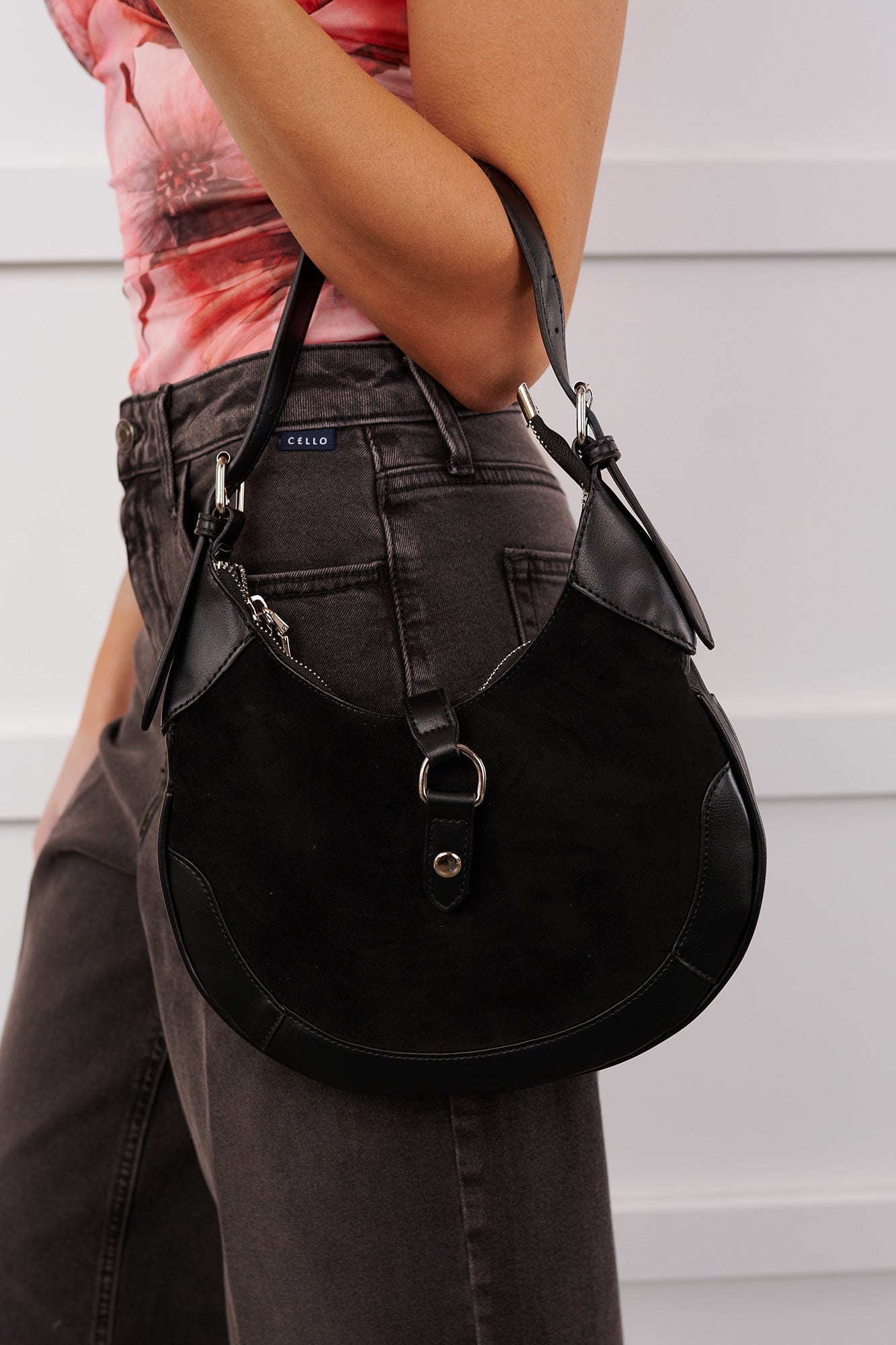 Claim Fame Faux Suede & Leather Crescent Bag (Black)