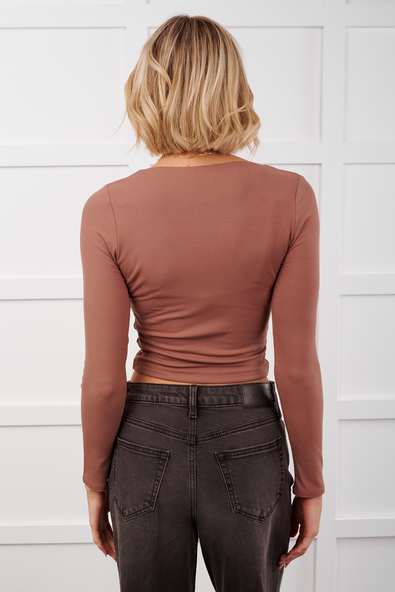 Daily Rhythm Long Sleeve V Neck Crop Top (Mocha)