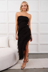 Steady Flame Strapless Leg Slit Midi Dress (Black)