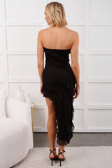 Steady Flame Strapless Leg Slit Midi Dress (Black)