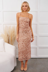 Don't Call Me Up Zebra Print Mesh Midi Dress (Mocha)