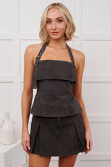 Sharp Eye Denim Halter Top Mini Skort Set (Black)