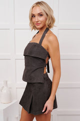 Sharp Eye Denim Halter Top Mini Skort Set (Black)
