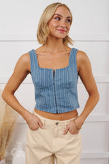 Just Killing Time Striped Denim Corset Top (Denim)