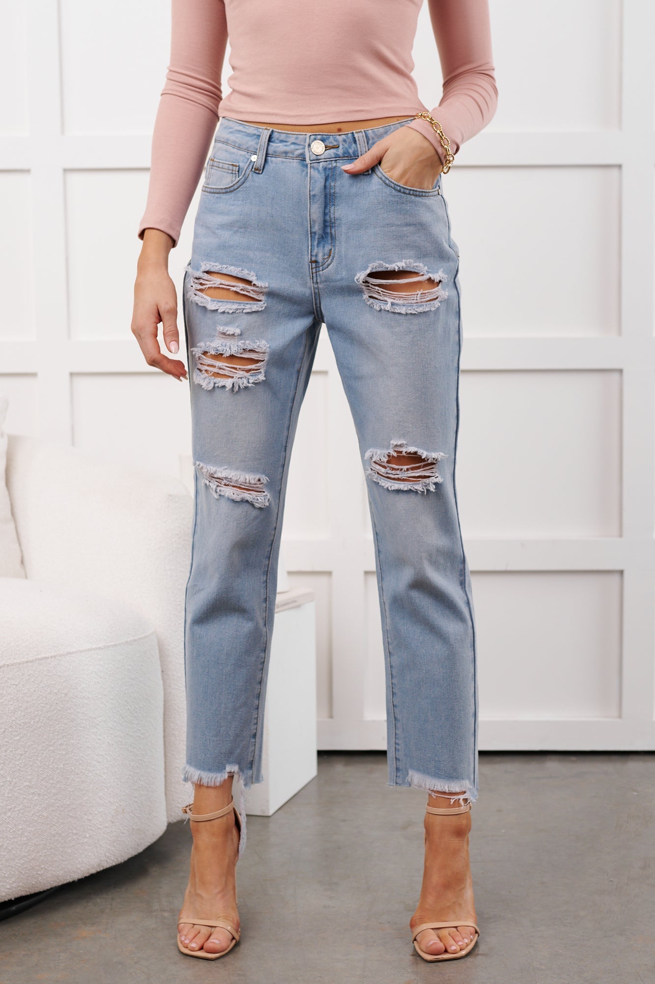 Boone High Rise Distressed Mom Jeans (Light Denim)