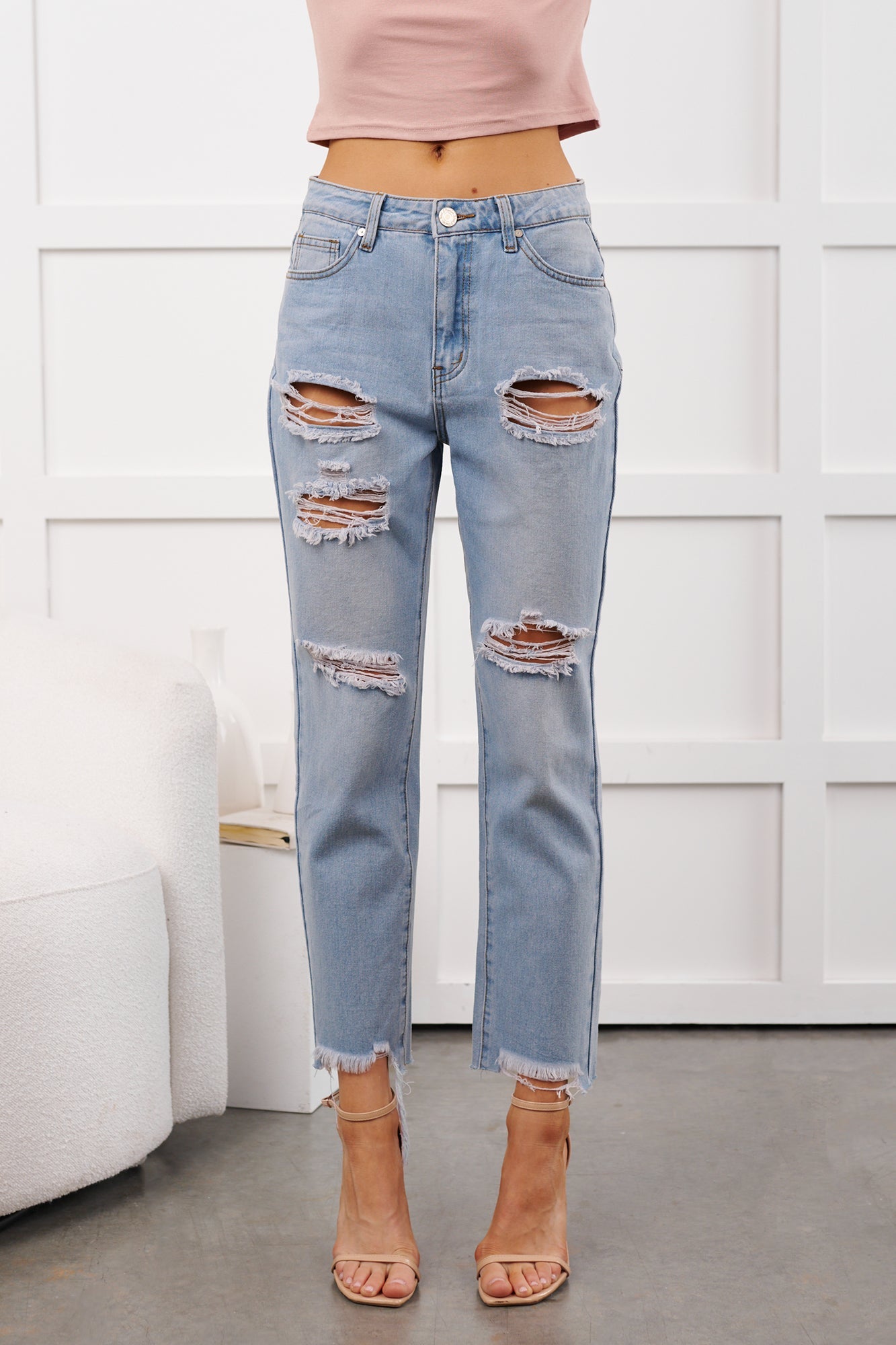 Boone High Rise Distressed Mom Jeans (Light Denim)