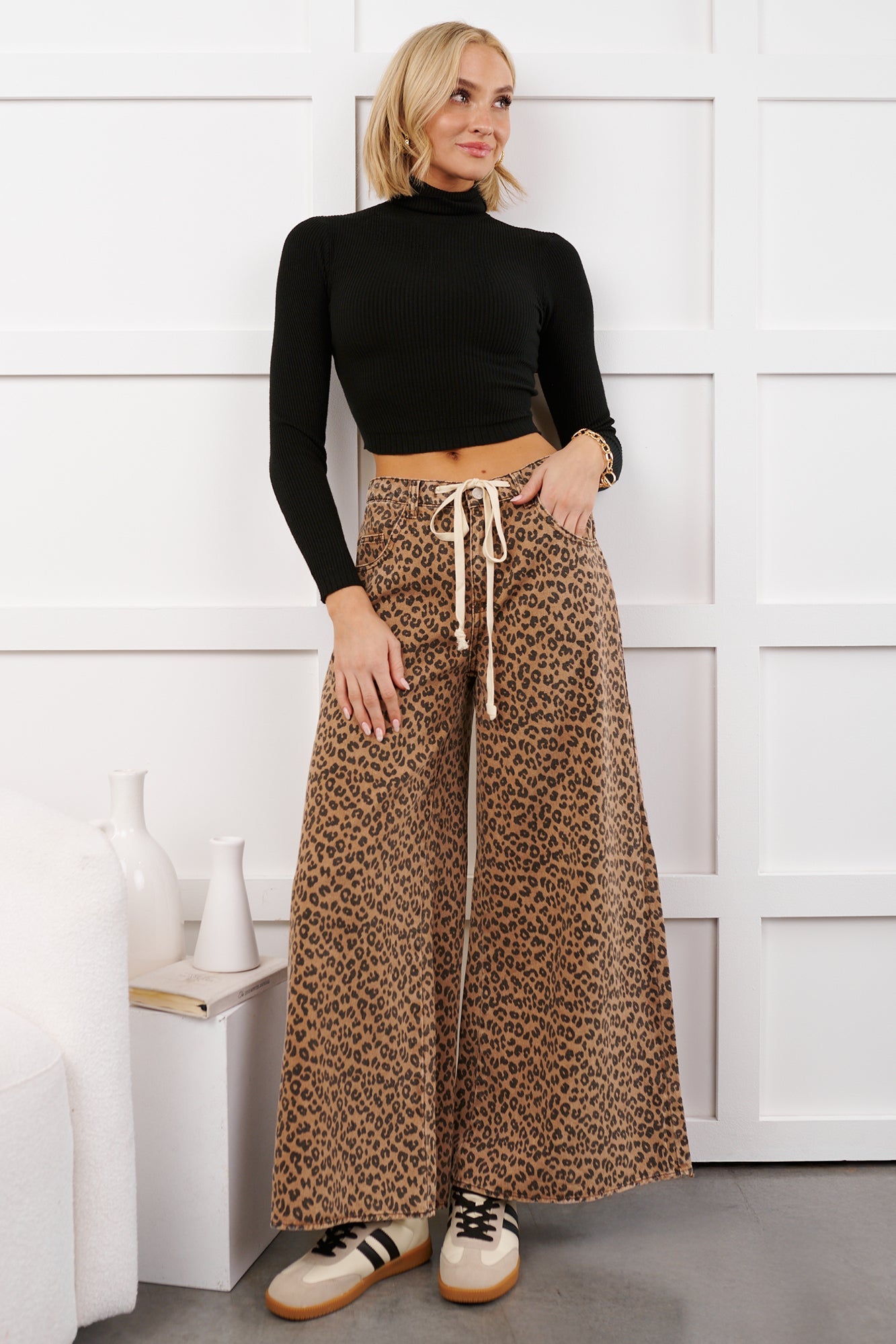 Alivia Drawstring Leopard NoaBoa Pants (Mocha/Black)