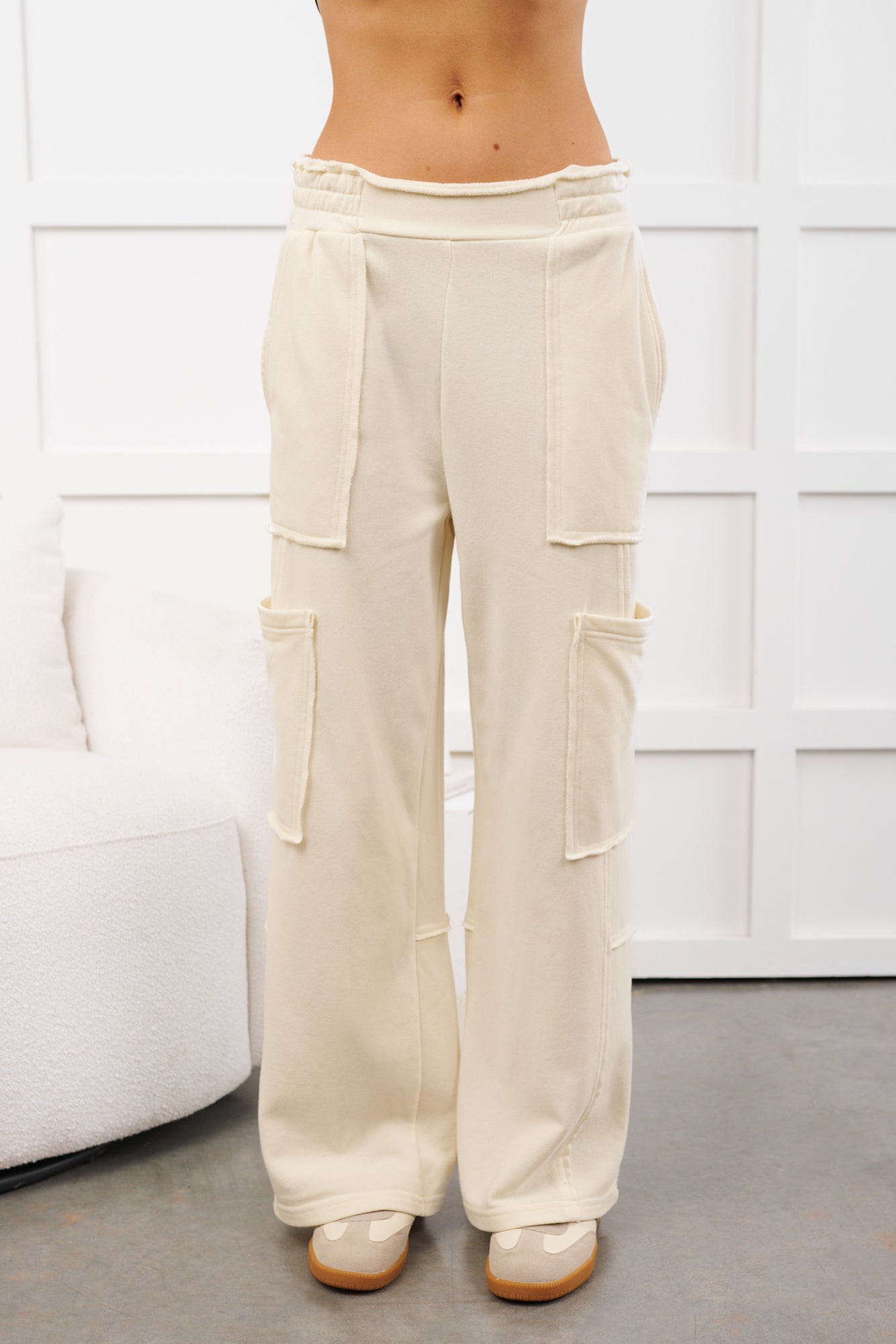 Mellow Hours Cargo Wide Leg Lounge Pants (Cream)