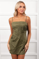 Hayride Dreams Faux Suede Fringe Mini Dress (Dusty Olive)