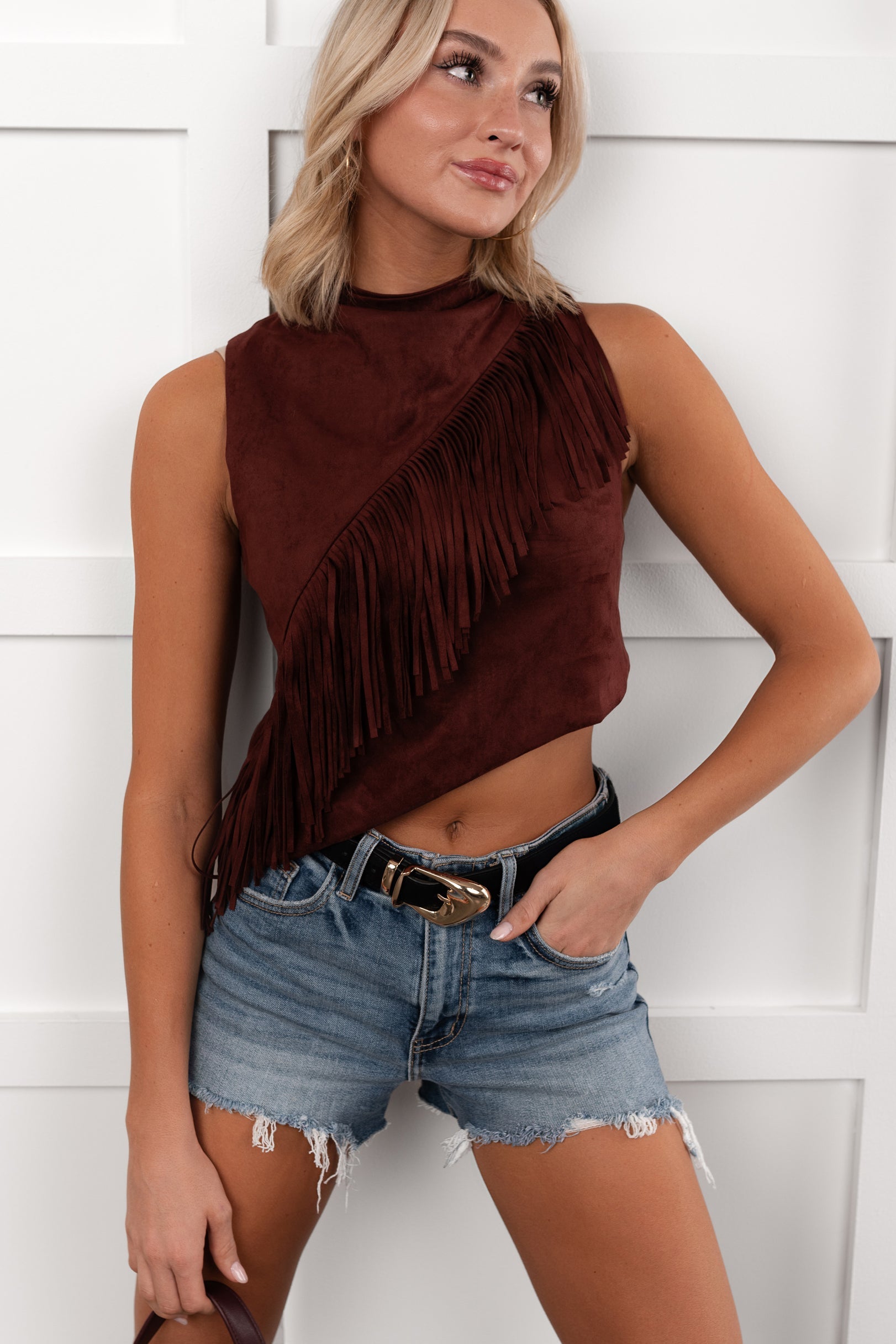Boujee In Boots Sleeveless Fringe Detail Top (Rust)