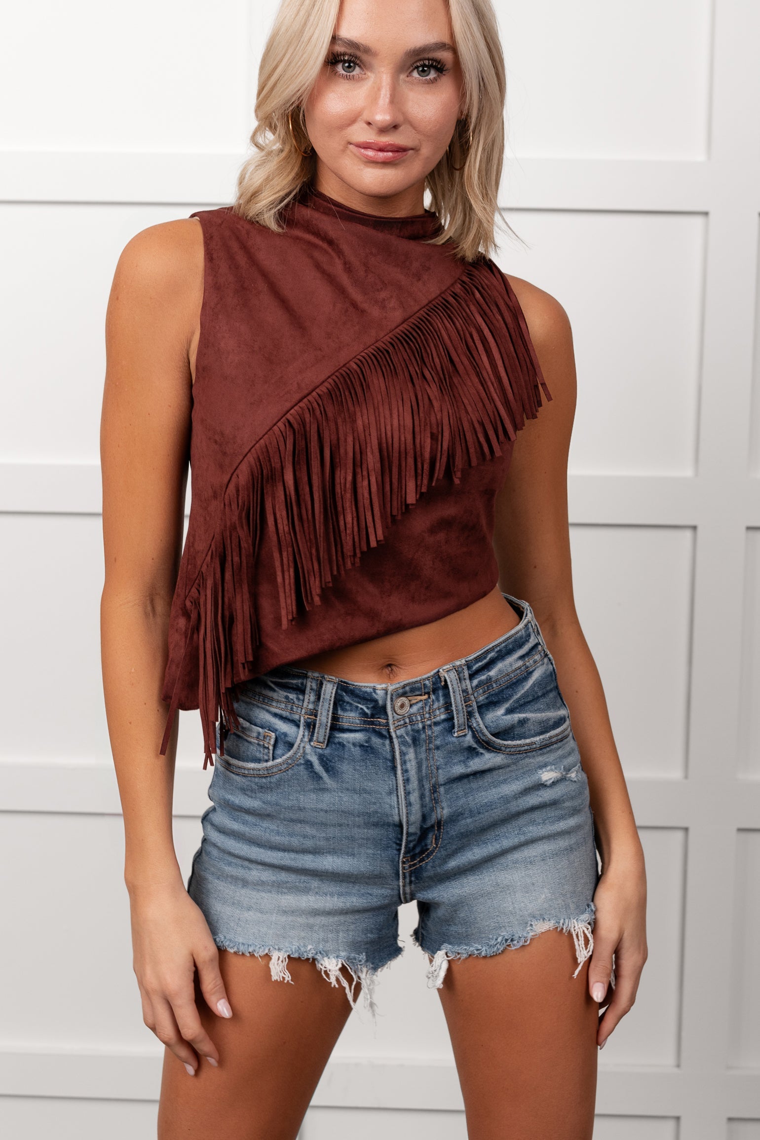 Boujee In Boots Sleeveless Fringe Detail Top (Rust)