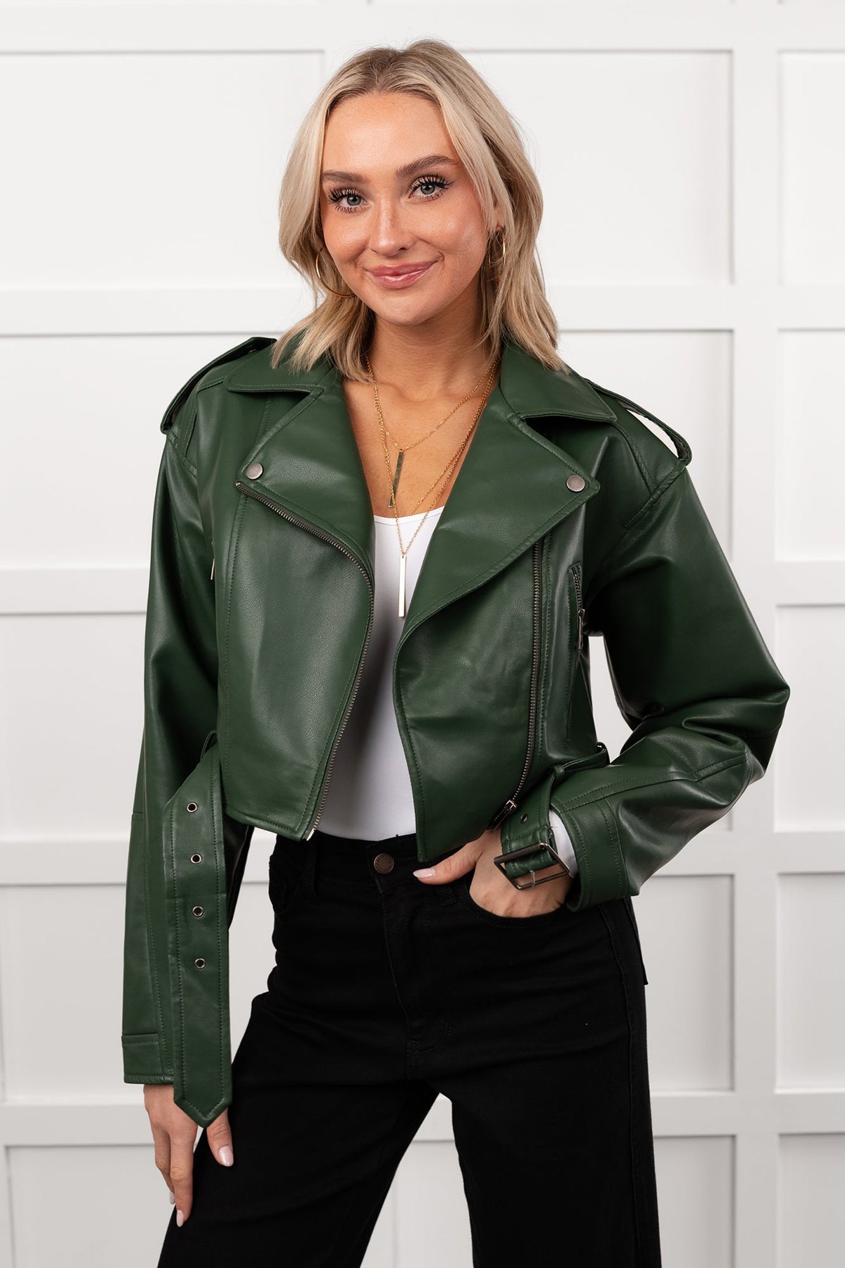Rule Maker Faux Leather Cropped Jacket (Hunter Green)