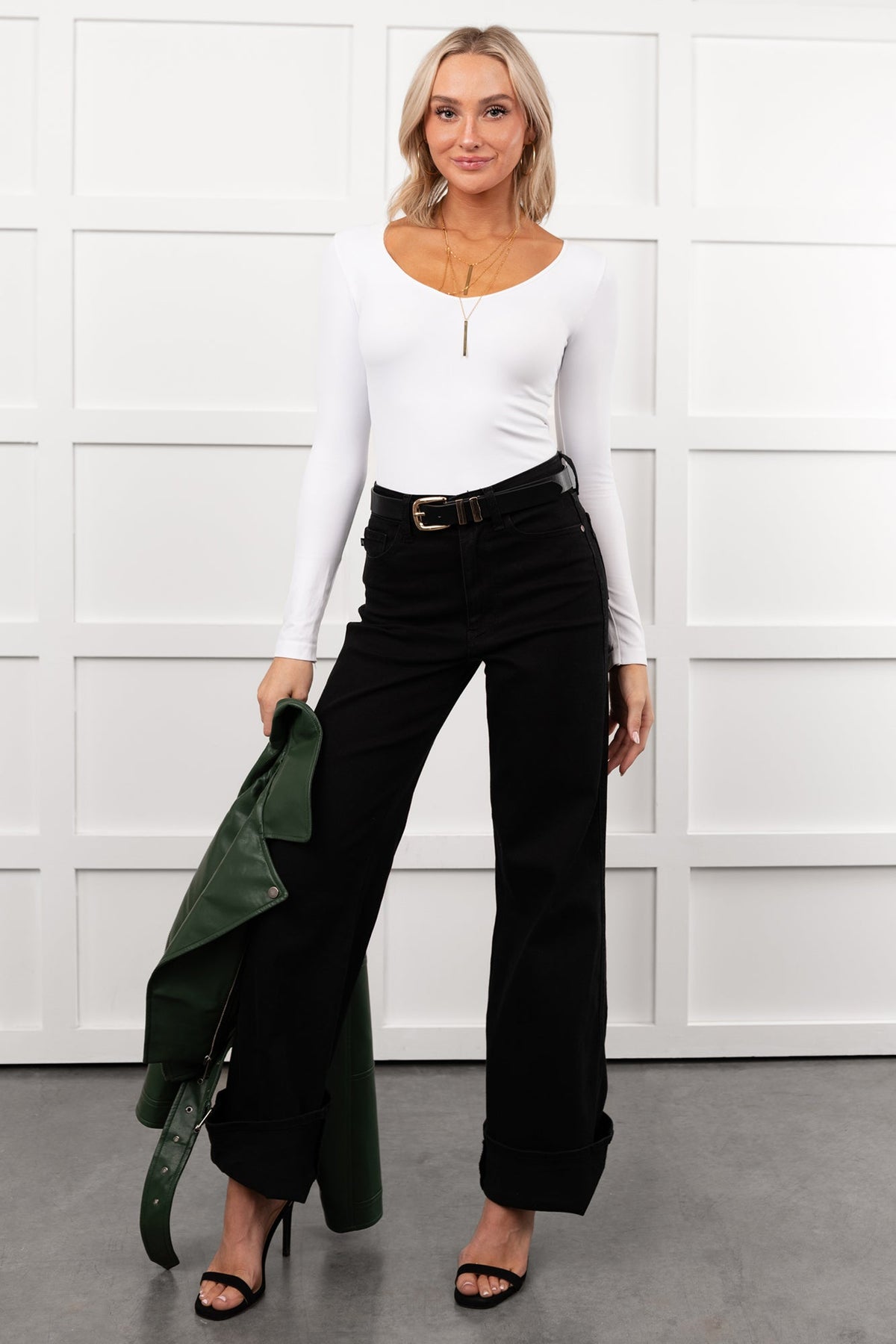 Mara Wide Leg Cuffed Judy Blue Stretchy Jeans (Black)