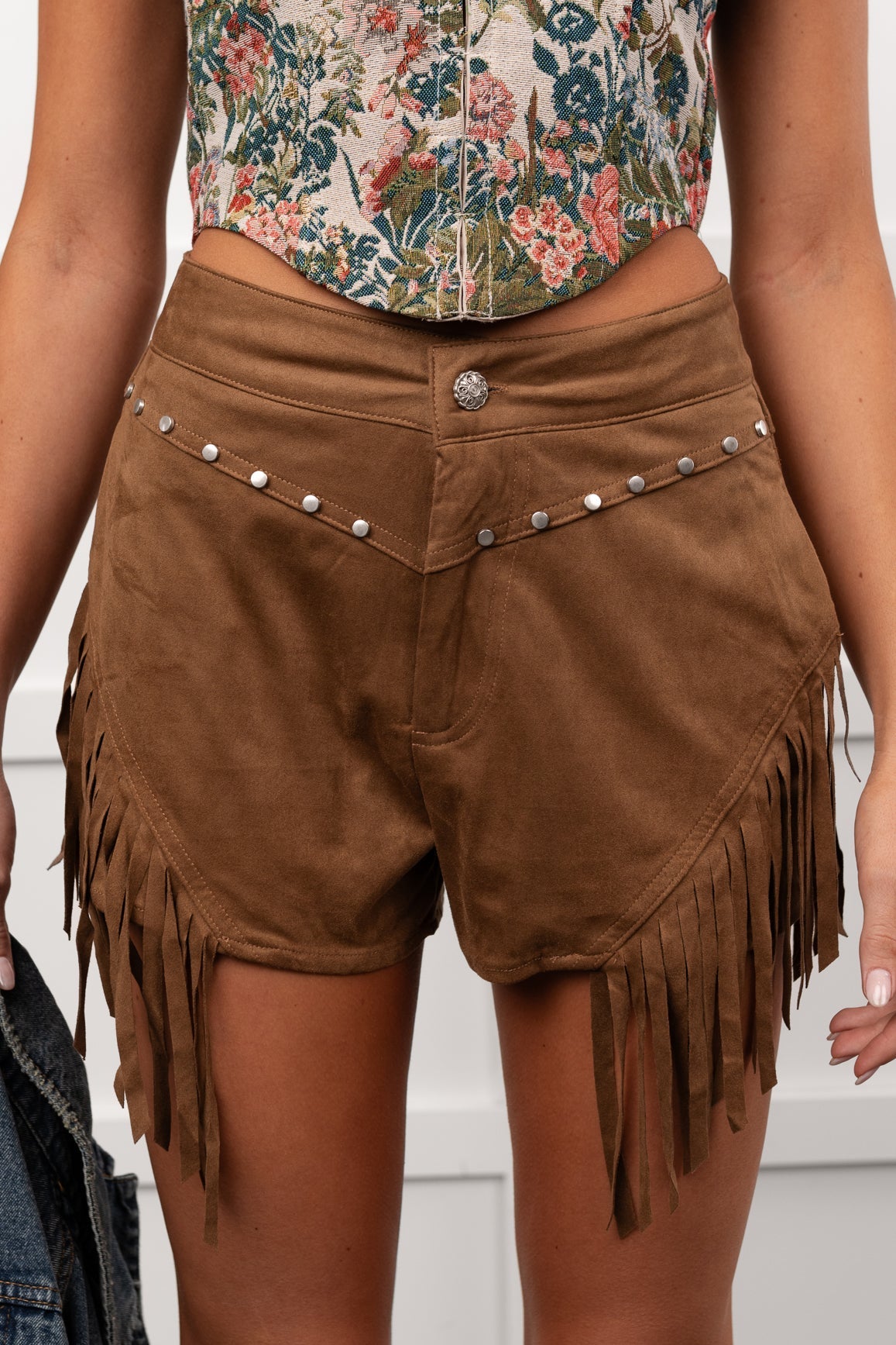 Hats Off Here High Rise Suede Fringe Shorts (Mocha)