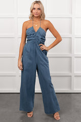 Been Done Before Halter Tie Wide Leg Jumpsuit (Denim)
