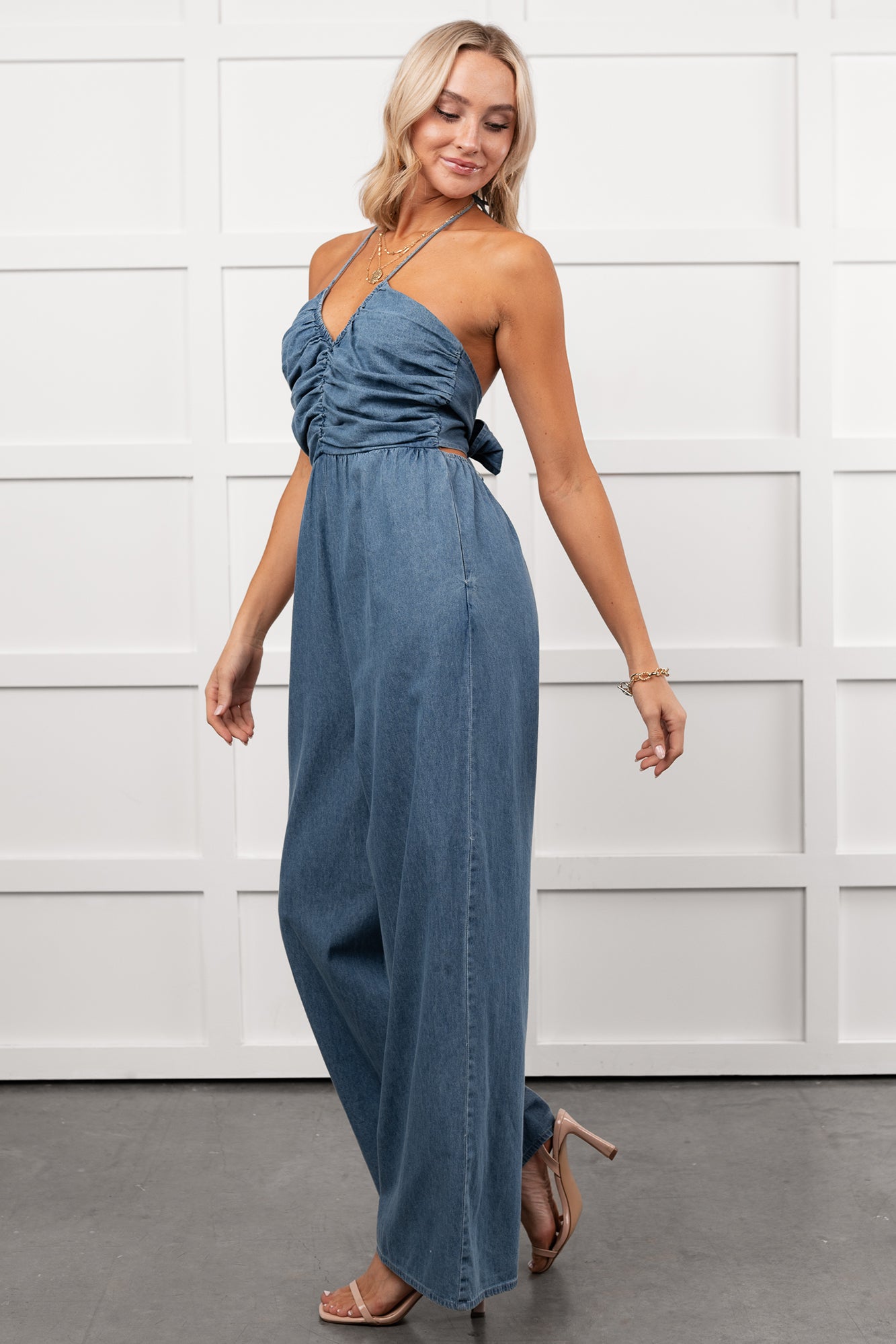 Been Done Before Halter Tie Wide Leg Jumpsuit (Denim)