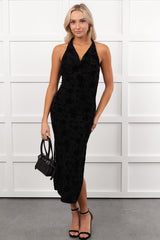 Champagne Mood Floral Halter Midi Dress (Black)