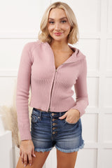 Quietly Content Zip-Up Hooded Knit Jacket (Pink)