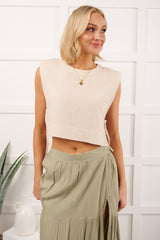 Simply Divided Sleeveless Side Tie Linen Top (Oatmeal)