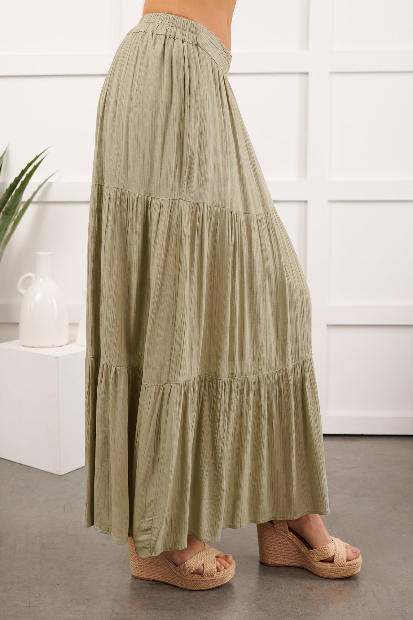 Darling Moments Tiered Slit Maxi Skirt (Sage)