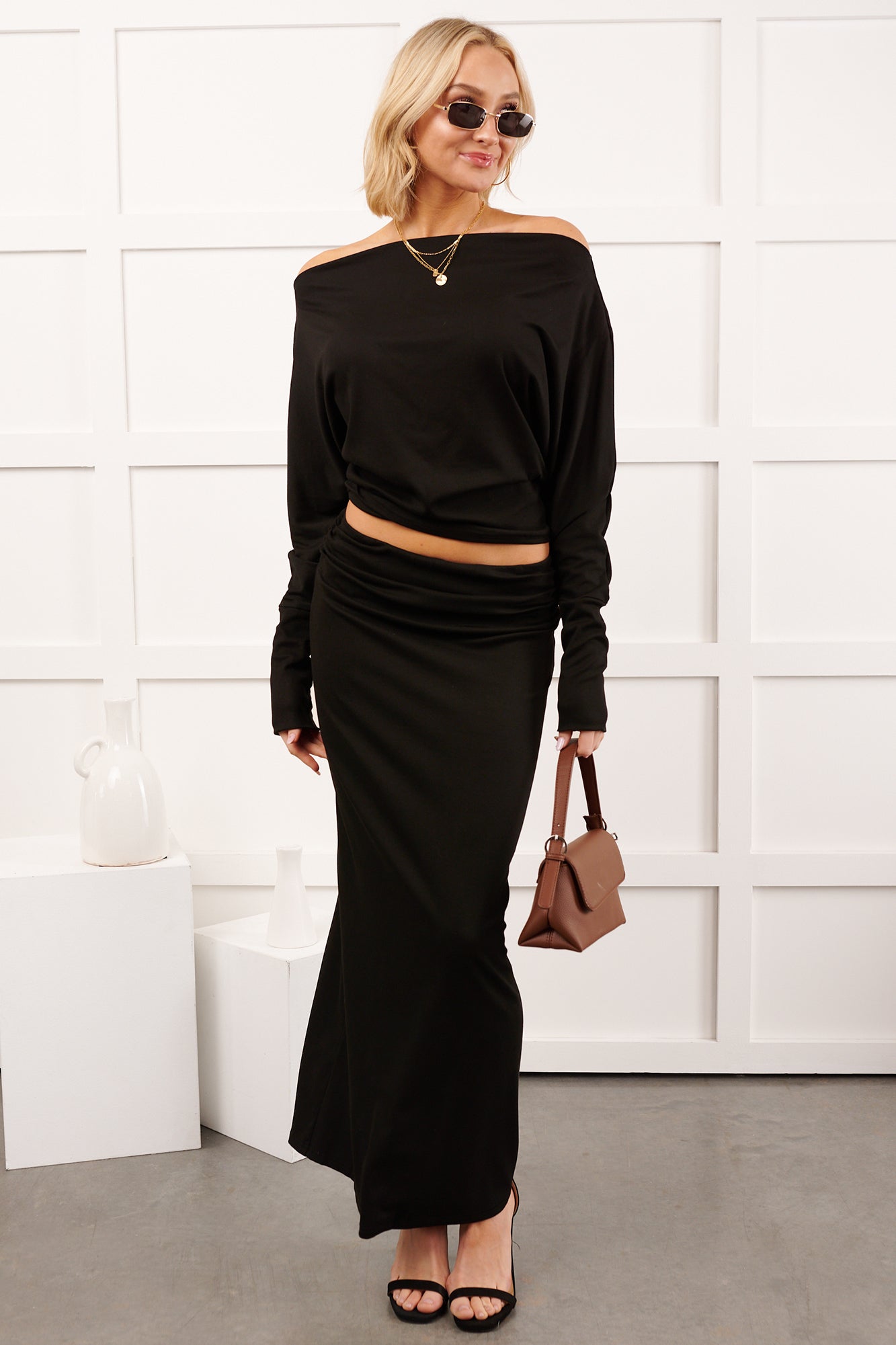 Nestle In Now Long Sleeve Maxi Skirt Set (Black)