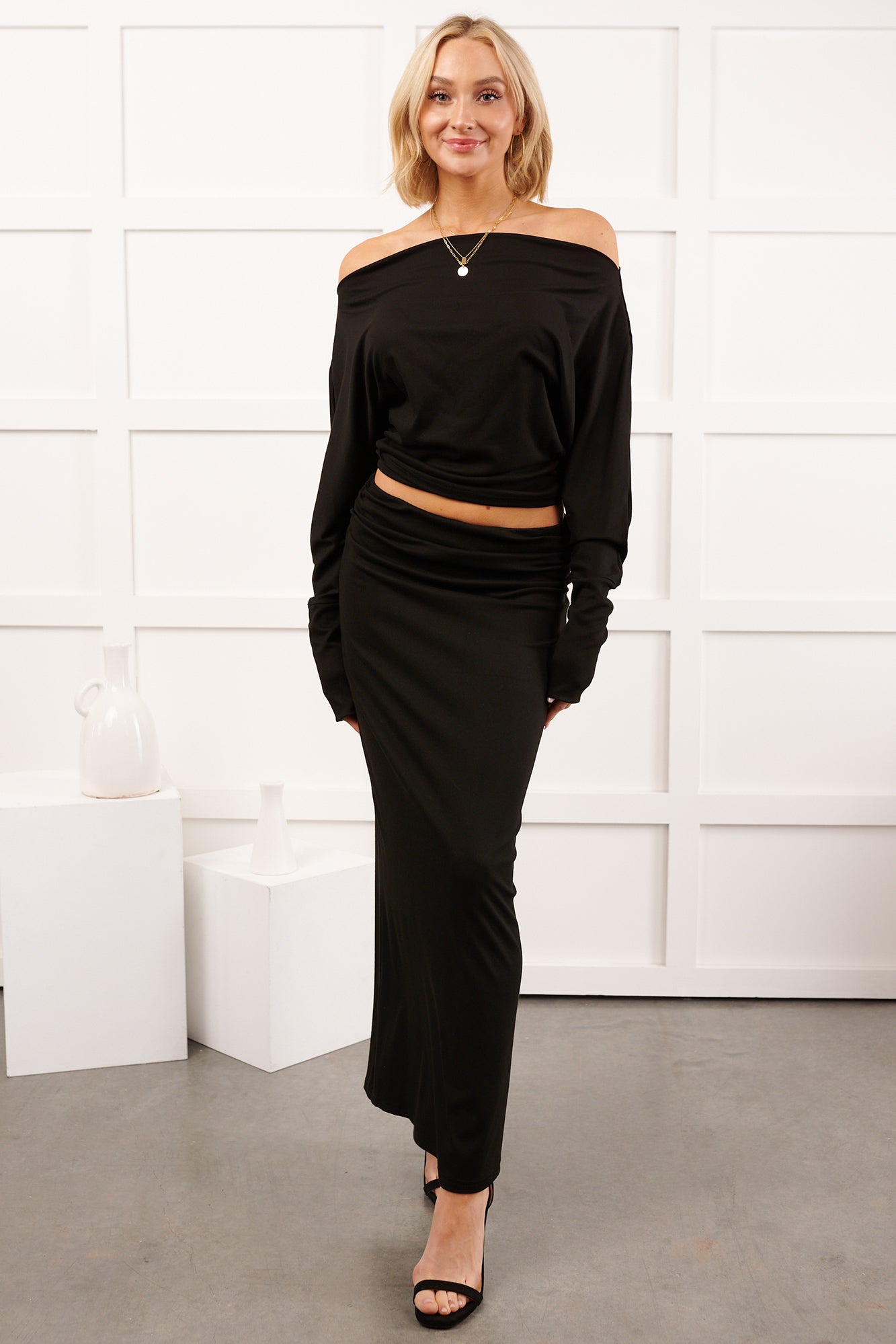 Nestle In Now Long Sleeve Maxi Skirt Set (Black)