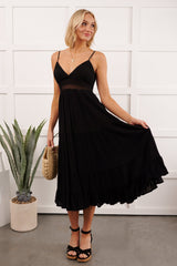 Soft Twirl Tiered Crochet Bodice Midi Dress (Black)
