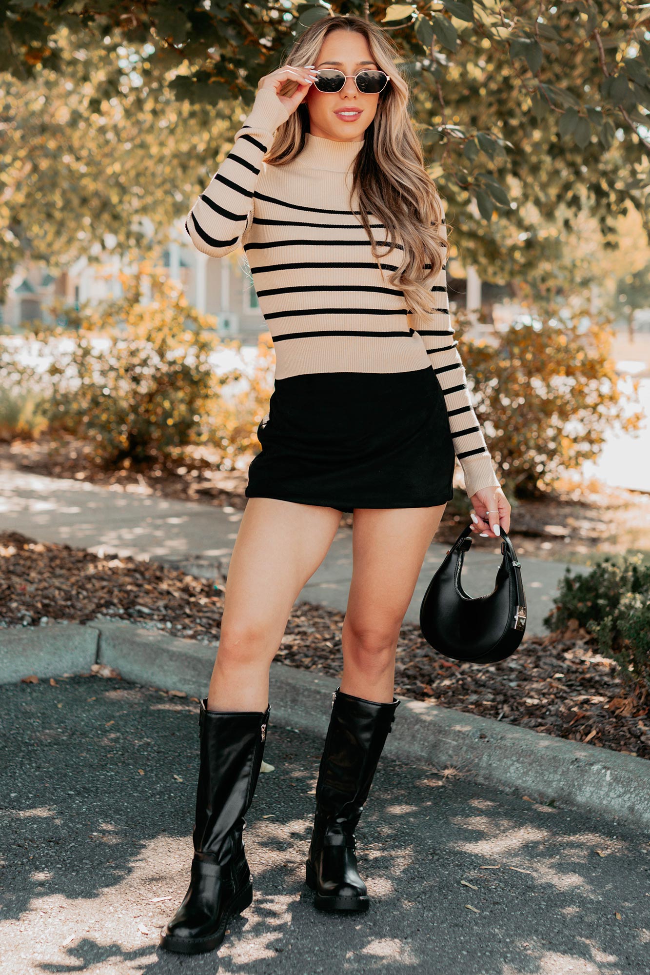 Blissful Rest Striped Mock Neck Sweater Top (Taupe/Black)