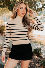Blissful Rest Striped Mock Neck Sweater Top (Taupe/Black)