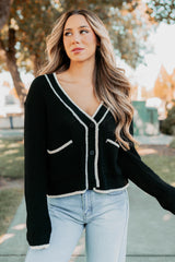 Comfort Current Contrast Button-Up Cardigan (Black)
