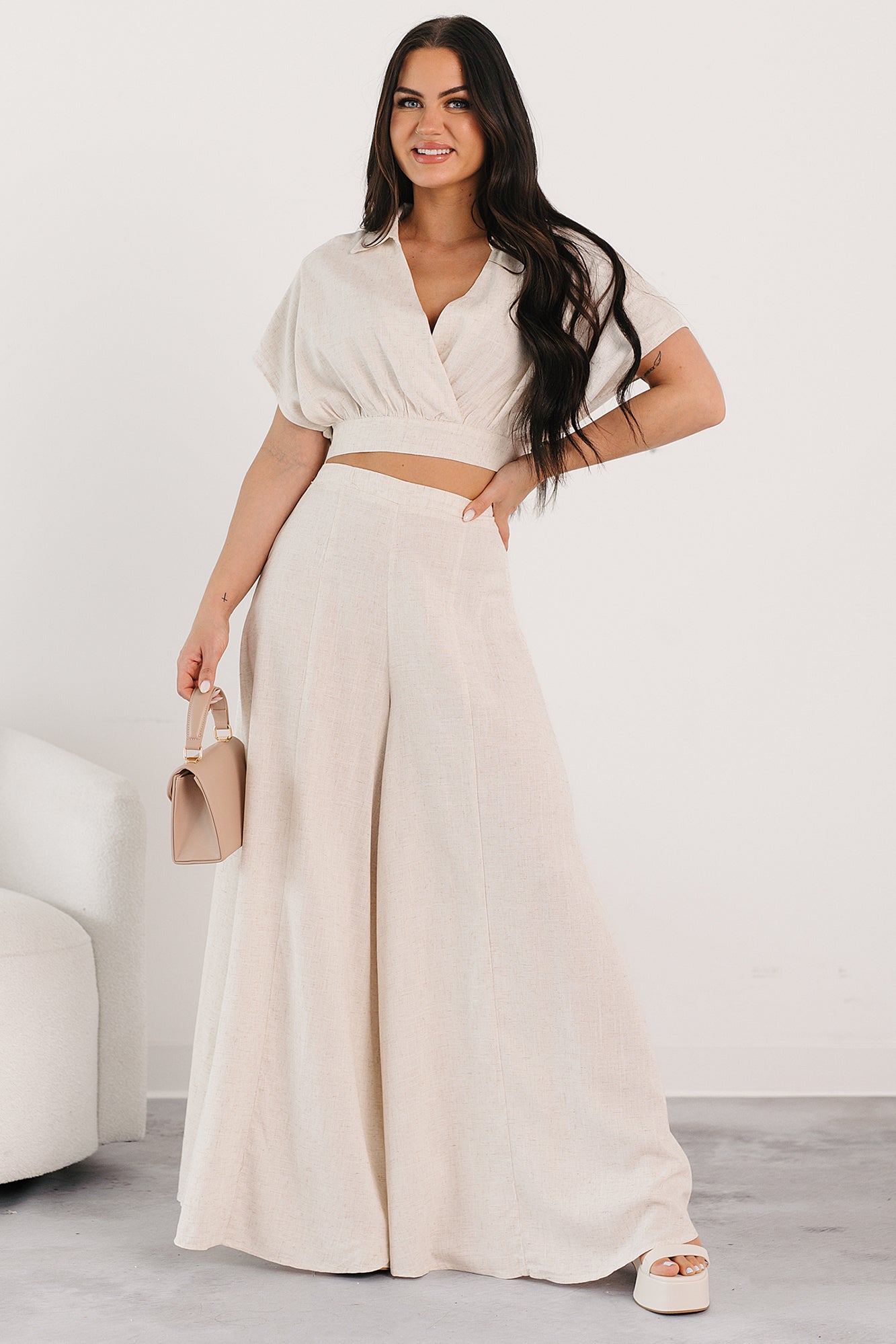 Chic and Simple Crop Top & Palazzo Pants Set (Oatmeal)
