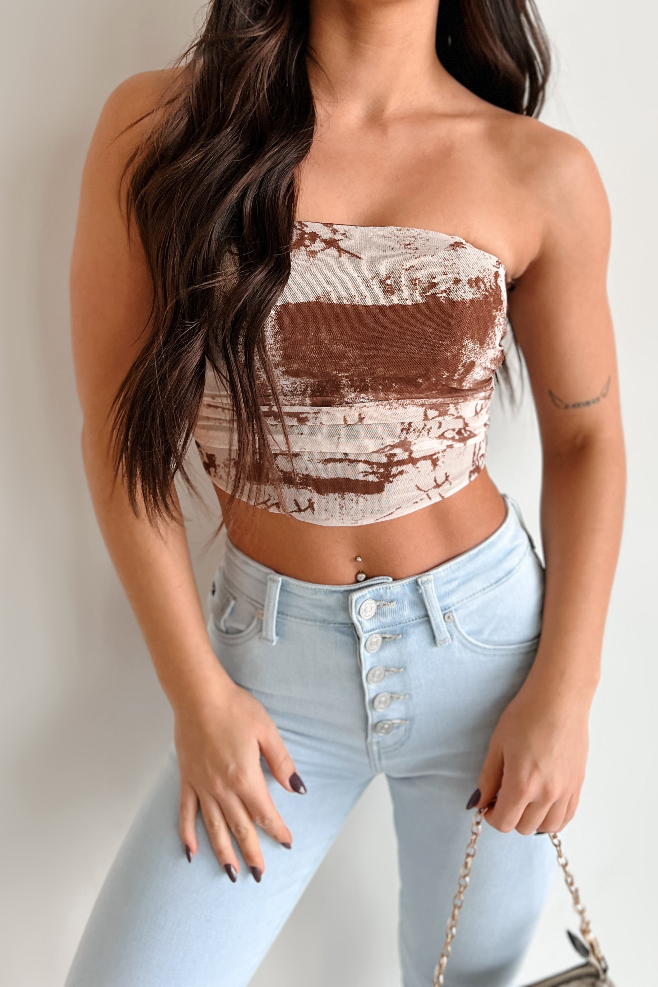 Makenna Printed Mesh Tube Top (Brown)