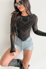 Flashy But Fun Mesh Rhinestone Fringe Top (Black)
